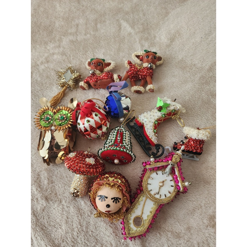 12 Pc Vintage Christmas Ornament Lot Handmade Sequin Beaded Reindeer Skates